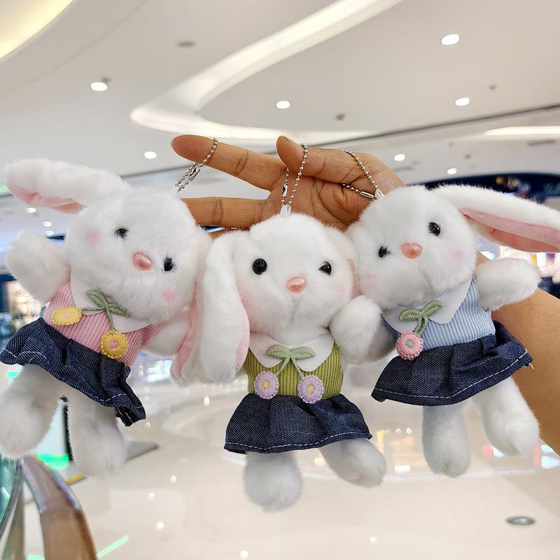 Cute Denim Plush Rabbit Doll Keychain Cartoon Bunny Bag Charm Pendant Claw Machine Prize