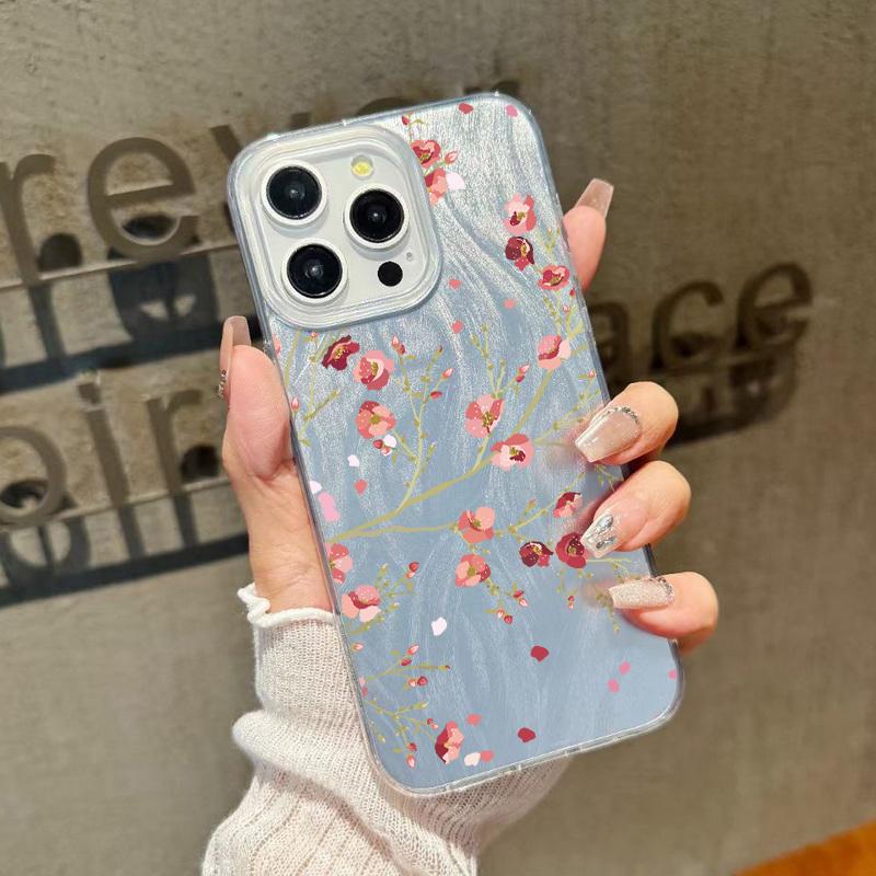 Floral Print Slim Glitter Phone Case For iPhone 16 Pro Max 15 14 Pro 13 12 11 Feather Sparkling Shockproof Clear Soft Edge Hard PC Back Cover