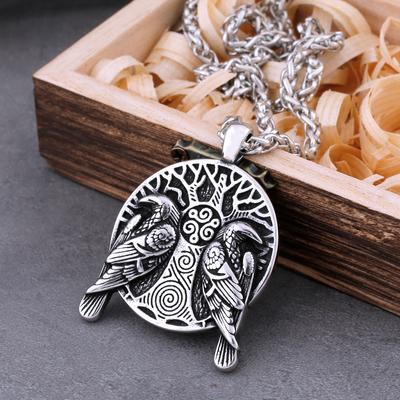 Vintage Viking Odin Raven Necklace Tree of Life Amulet Men's Punk Jewelry Gift for Him