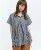 SOME PLACE Dot Layered Shirred Pocket Ribbon Strap Round Collar Short Sleeve Blouse Shirt [Charcoal]