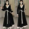 2026 Spring Chinese Style Plus Size Slimming Dress, A-line Silhouette, Puff Sleeves, Extra Long, Fair Skin Tone.