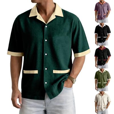 Camisa Masculina Casual de Manga Curta com Botões Design de Múltiplos Bolsos Corte Relaxado Leve para o Verão com Acabamento em Contraste