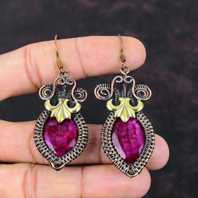 Orecchino Rubino del Kashmir Sfaccettato Orecchini Avvolti in Filo di Rame Gioielli Rubino del Kashmir Orecchino in Pietra Preziosa Fatto a Mano Regalo di Fidanzamento Gioielli in Filo di Rame