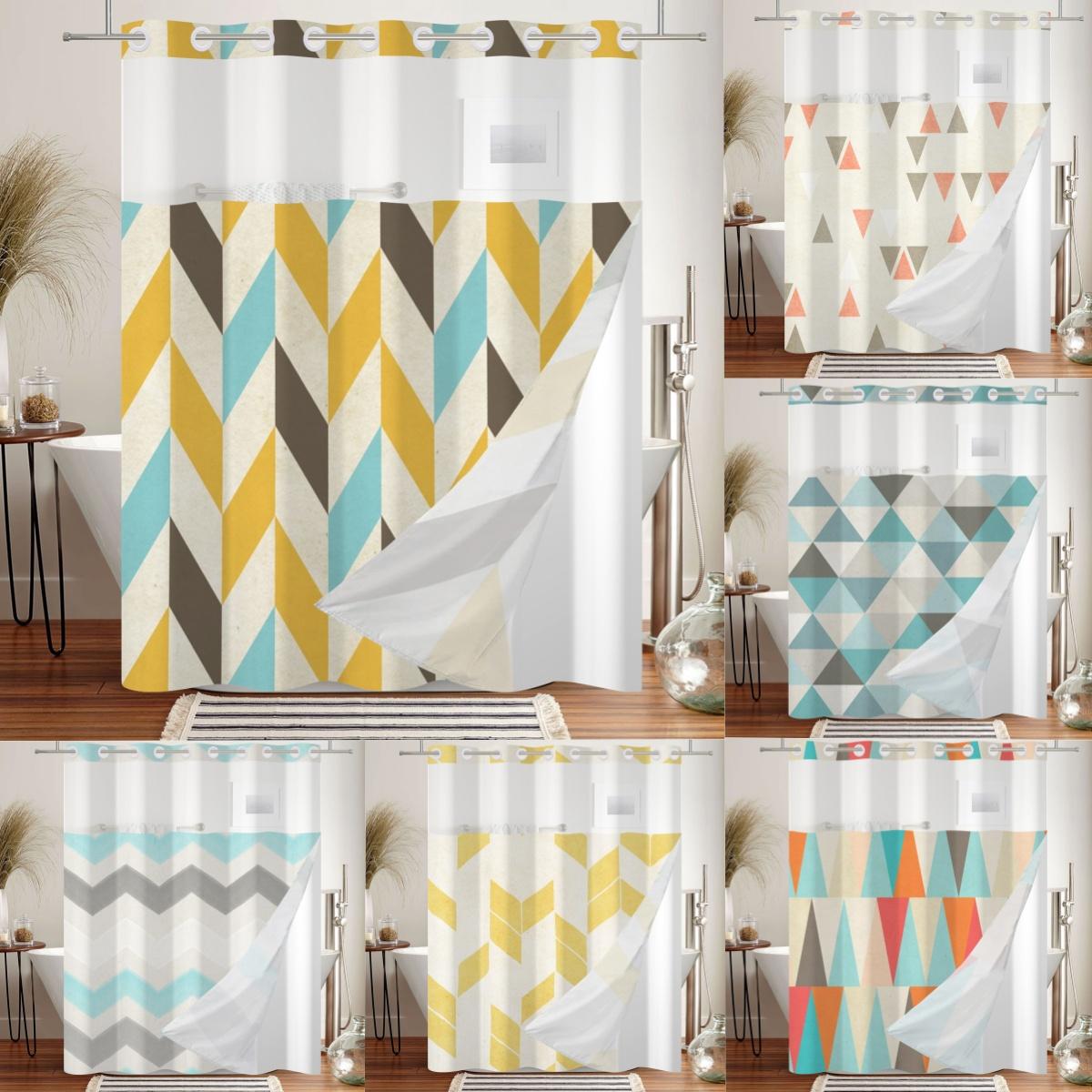 Creative Homewares Hookless Double Layer Shower Curtain Geometric Pattern Printed Removable Lined Bathtub Waterproof Bathroom Curtains Decoration