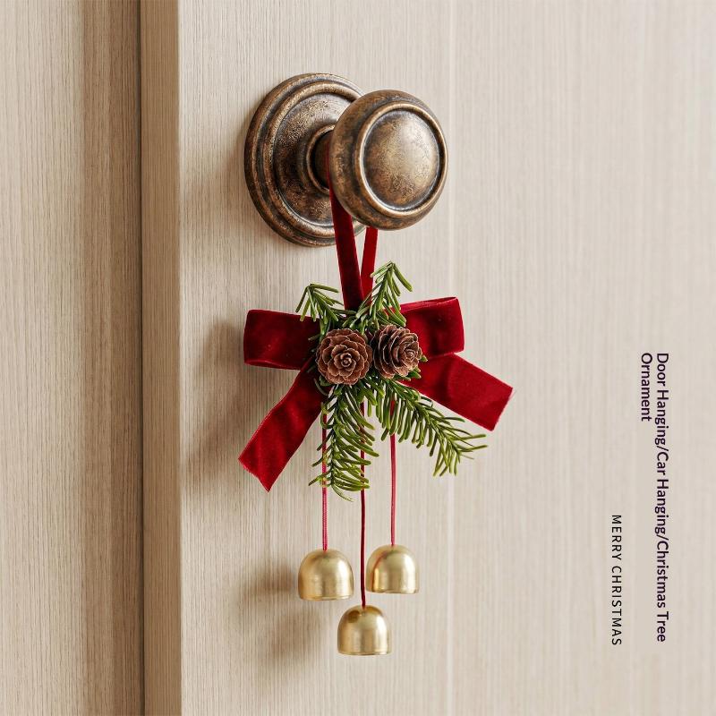 Christmas Jingle Bells Door Hanger Ornament Velvet Bow Pine Cone Bell Pendants For Christmas Decoration Christmas Gift Noel