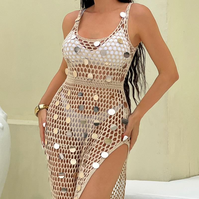 Women's Sequin Long Vacation Dress: Sexy Hollow-Out, Sun Protection Beach Cover-Up