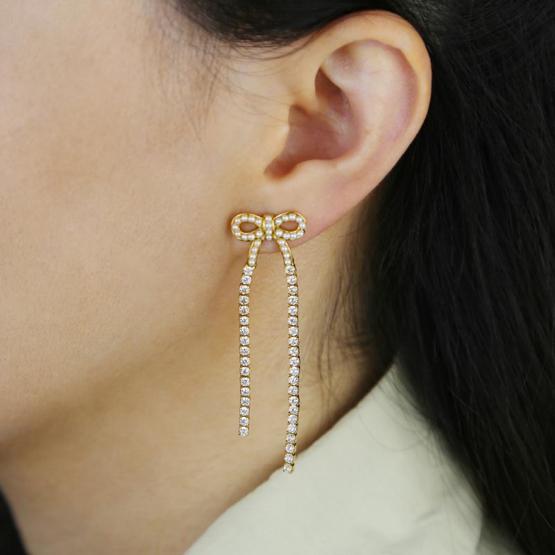 2024 Fashion Women Jewelry Thin CZ Tennis Tassel Chain Cute Bow Earring