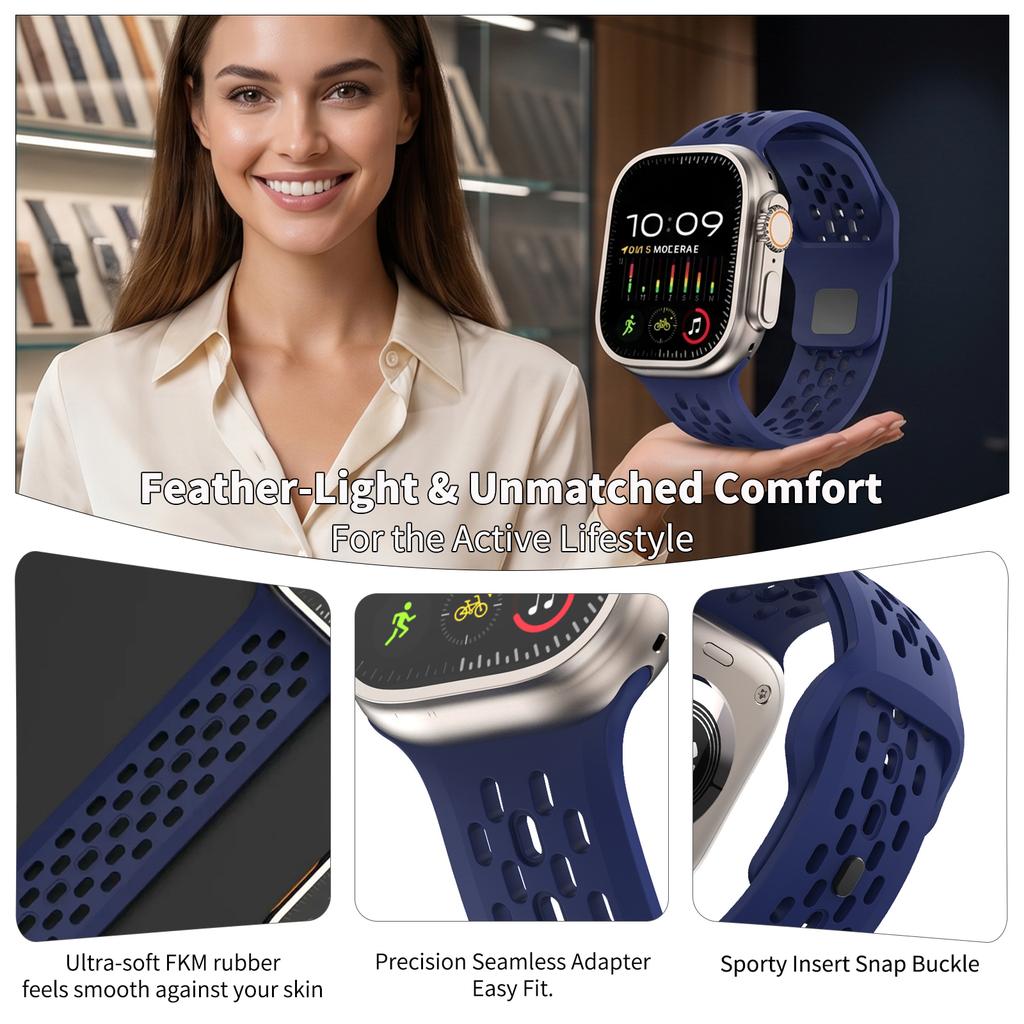 Hypoallergenic FKM Rubber Strap Premium Airflow Band for Apple Watch Ultra 3 2 49mm Sports Bands for Series 11 10 9 8 7 6 5 & SE