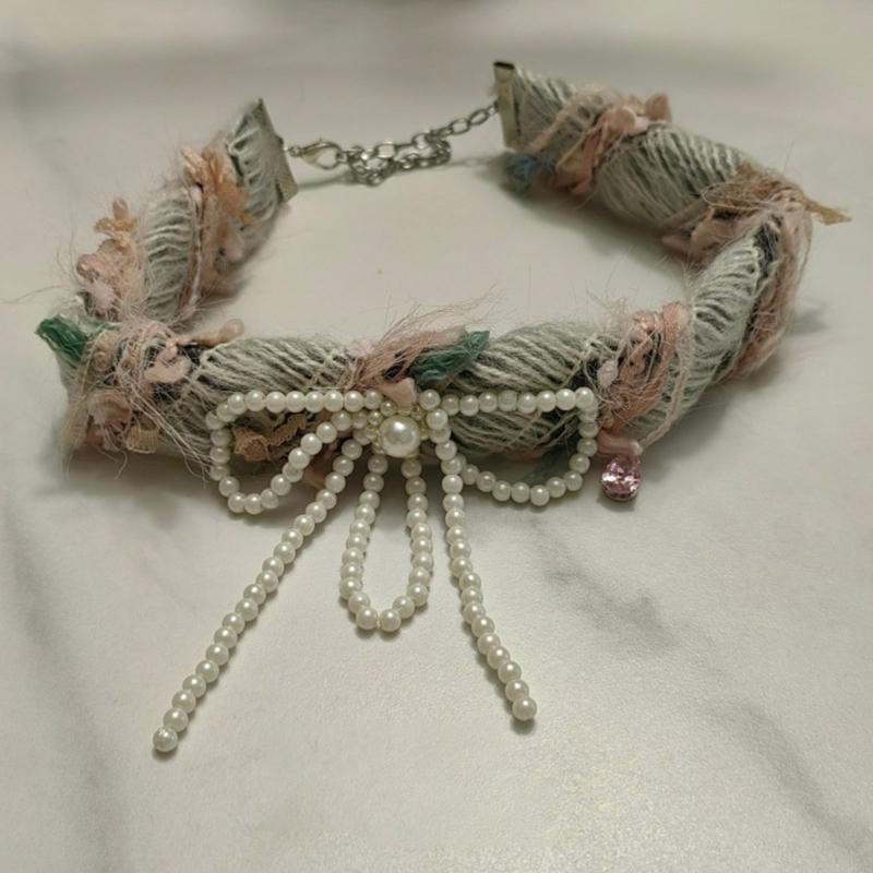 Furry Bowknot Pendant Necklace Handmade Pearls Bead Bows Neckchain Stylish Plushy Clavicle Chain Accessory Choker