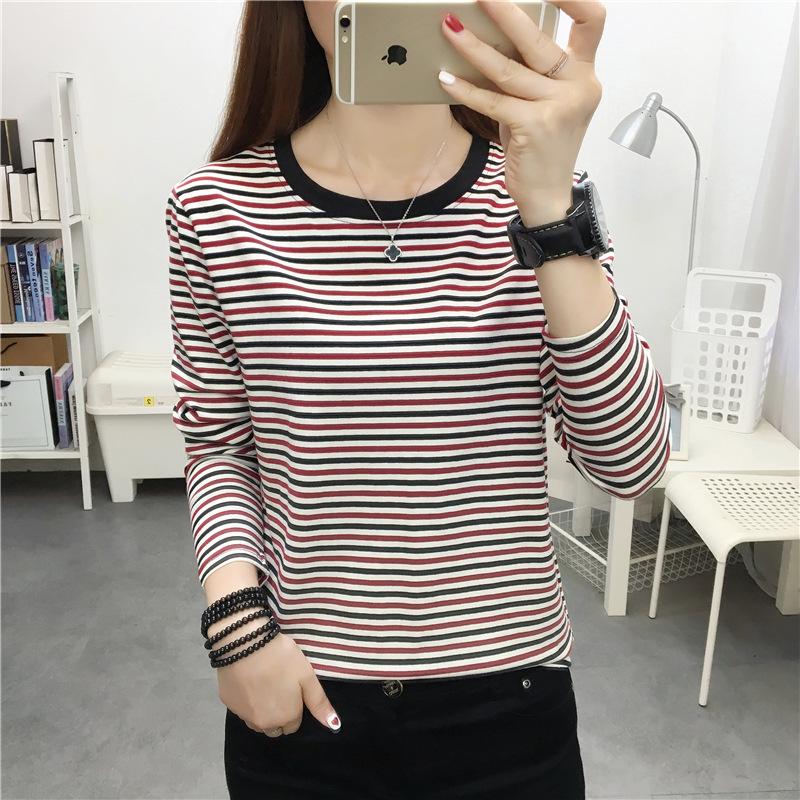 Women's Plus Size Striped Long Sleeve Cotton T-Shirt - Autumn Collection for Middle-Aged Moms