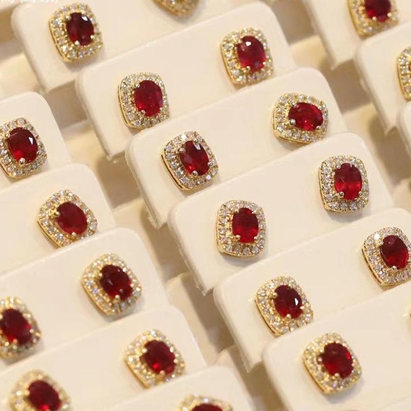 Earrings, Vintage Hepburn Style Imitation Red Corundum Zircon Stud Earrings, Luxury Anniversary Accessories