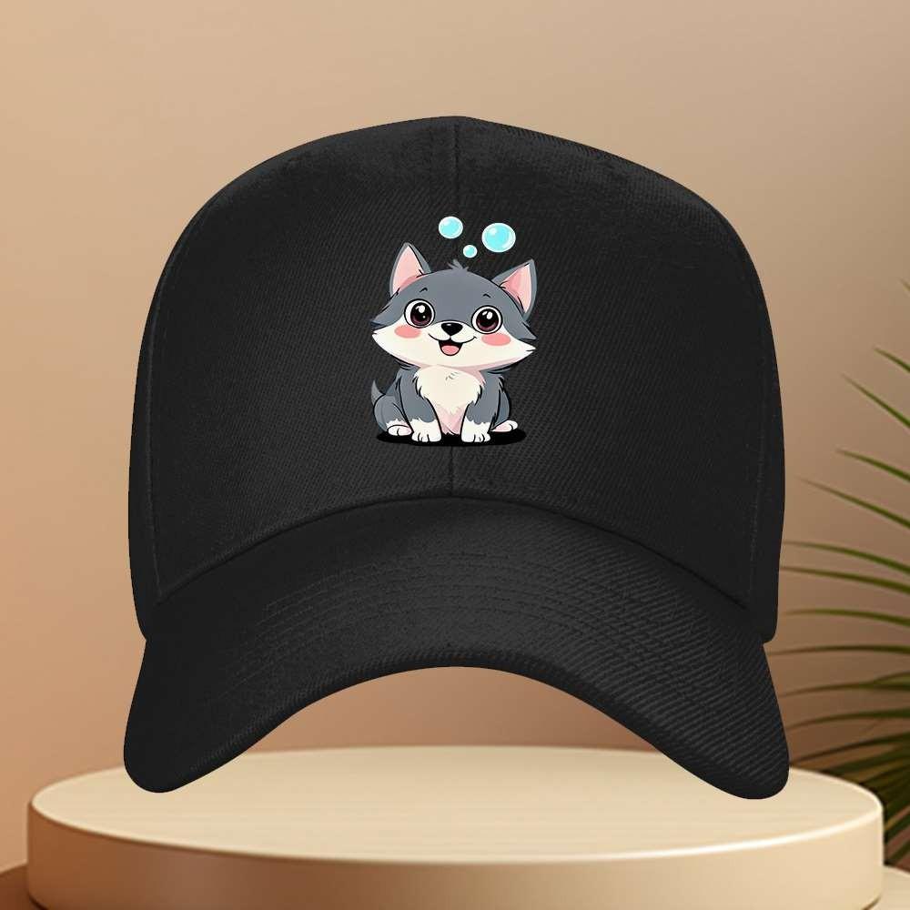 Cute Wolf Puppy Baseball Cap Adjustable Polyester Cartoon Animal Hat for Unisex Adults