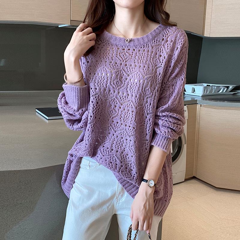 Spring Wear Thin Loose Pullover Hollow Knitted Shirt for Women