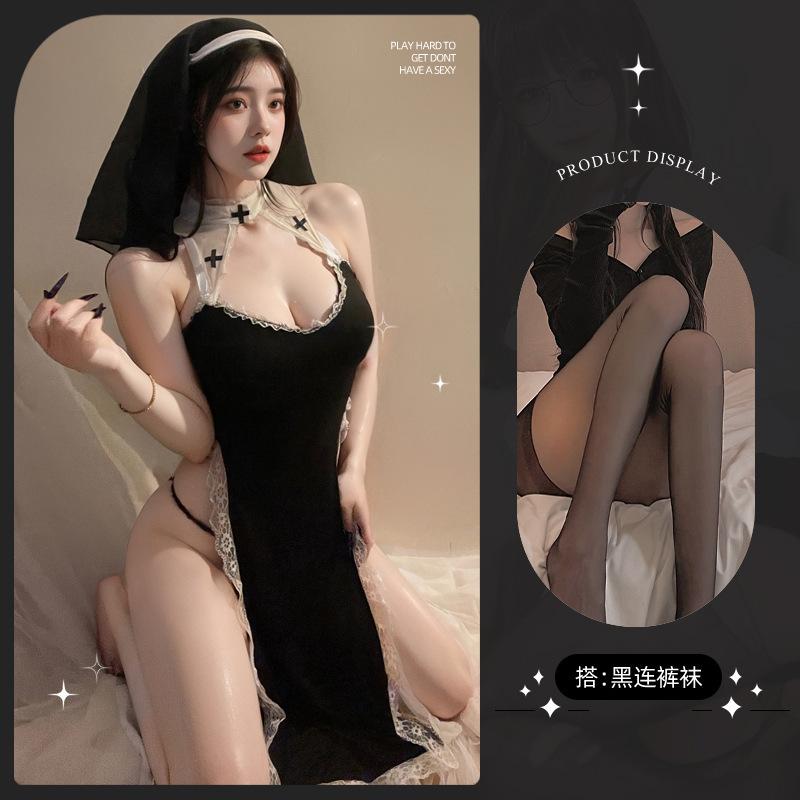 Erotic Lingerie Pure Lust Sexy Cosplay Free Nun High Slit Lace Dress Set