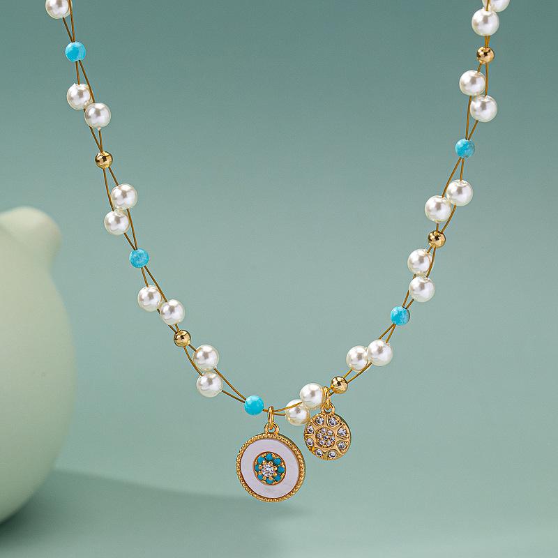 

2025 Freshwater Shell Pearl & Zircon Round Pendant Necklace with Beaded Bracelet