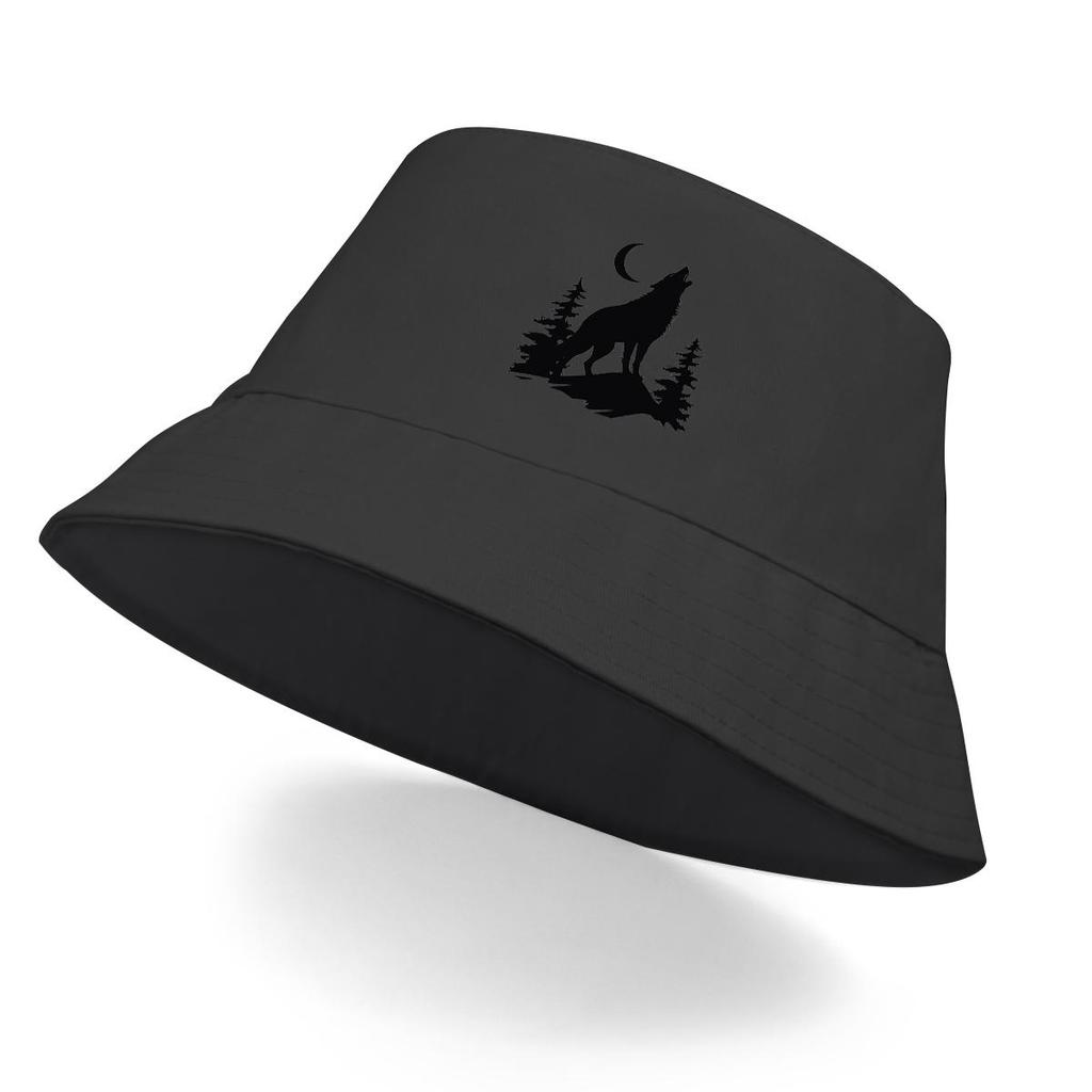 Svart Varg och Måne Tryck Bucket Hat , Skogsdjur Herrkeps Vikbar Godisfärg Mode Bassänghatt