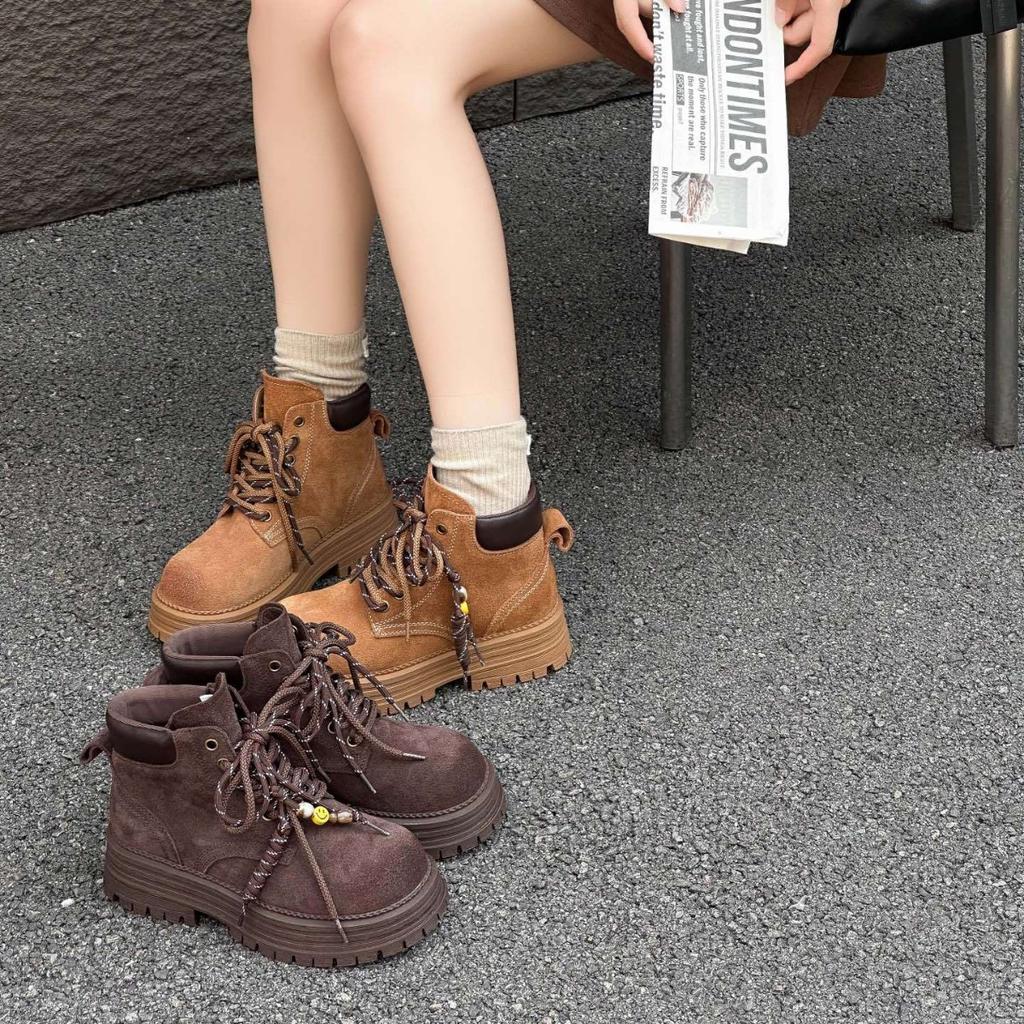 2025 autumn new leather platform heightening Martin boots British style lace-up big head retro cool tooling shoes