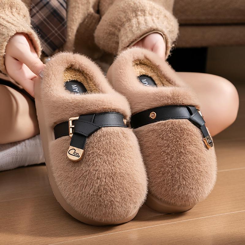 Women's Fluffy Plush Cotton Slippers - Fashionable Buckle, Anti-Slip, Super Warm, Non-Shedding, Thick Sole, Furry Autumn/Winter Style.