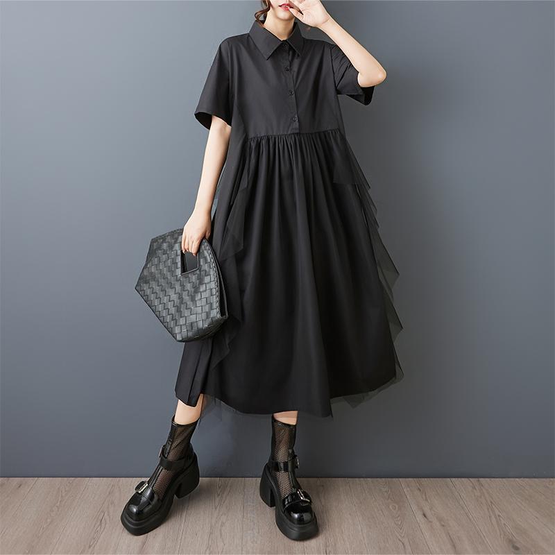 

Dimanaf Платье свободного кроя больших размеров Базовое женское 2025 Новое летнее повседневное кружевное платье-рубашка Макси One Size чёрный