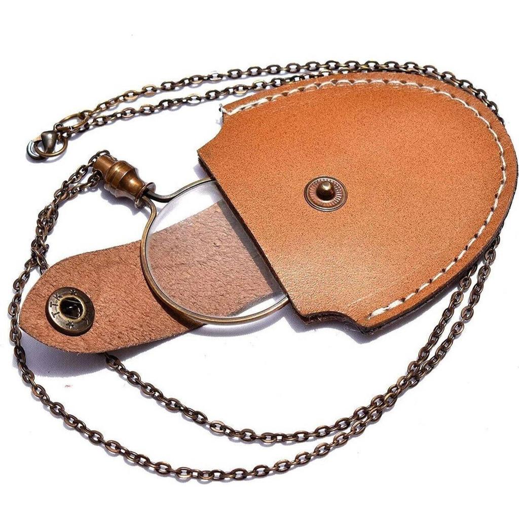 India Brass Necklace magnifier with Chain Magnifying Glass Leather cover 2x magnifier  (Brown)