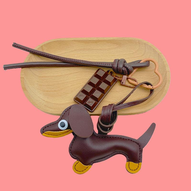 Leather Dachshund Chocolate Bag Accessories Pendant Key Chain Lanyard Creative Keychain