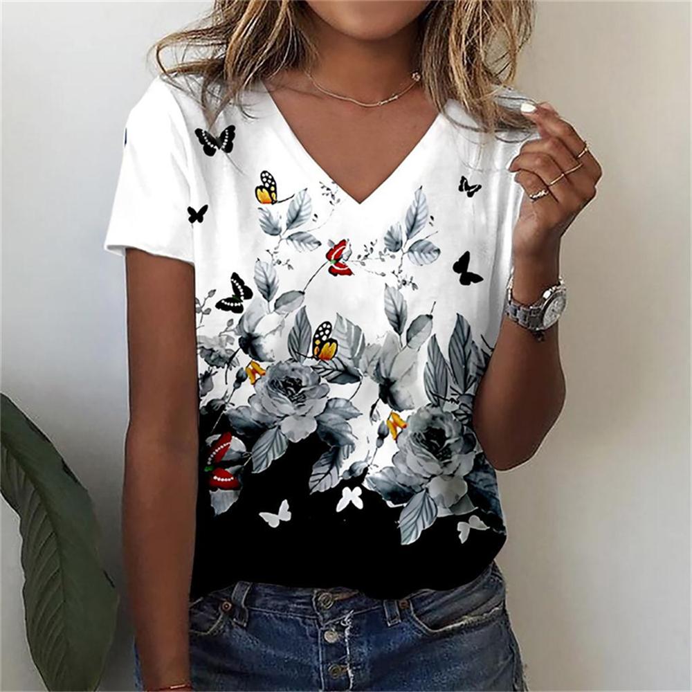 Summer V-neck 3D Floral Simple Graphic Printed Top Fashionable Casual Short Sleeved Women's T-shirts