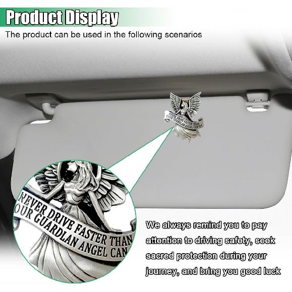 Car Guardian Angel Visor Clip, St. Christopher Metal Medal Bless Driving Safety, Never Drive Faster Than Your Angel Car Visor Clip, Religious Present