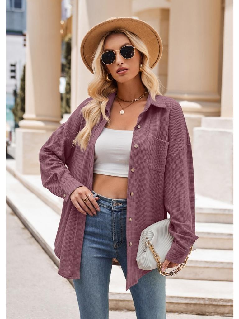 Single Breasted Pocket Waffle Fashion Shirt 2023 Women's Autumn and Winter New European and American Casual Loose Tops