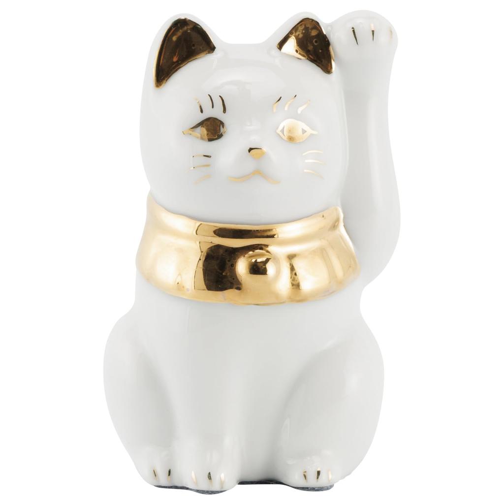 Seto ware white with left paw held in approximately 5cm in diameter and 9cm in mini good luck made in Maneki-neko (beckoning cat) figurine, gold,