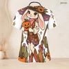 Women Plus Size Halloween Ghost Pumpkin Print Scrub Top V Neck Short Sleeve With Front Pockets