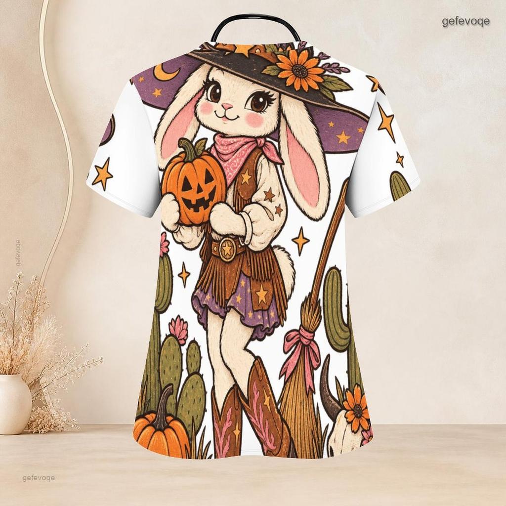 Women Plus Size Halloween Ghost Pumpkin Print Scrub Top V Neck Short Sleeve With Front Pockets