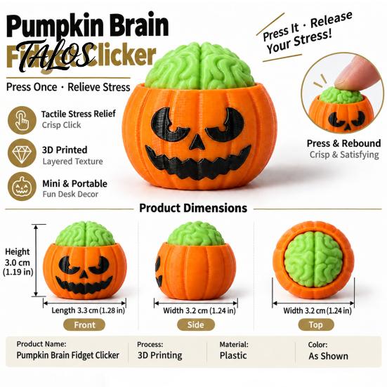 3D Printed Novelty Gift Halloween Pumpkin Stress Relief Toy, Sensory Fidget Realistic Toy Soft Rebound Brain Shape Squeeze for Office Desk Party Props