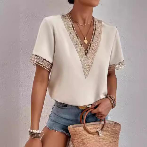 Women V Neck Lace Trim Short Sleeve Blouse Loose Solid Color Casual Summer Shirt Top G152#