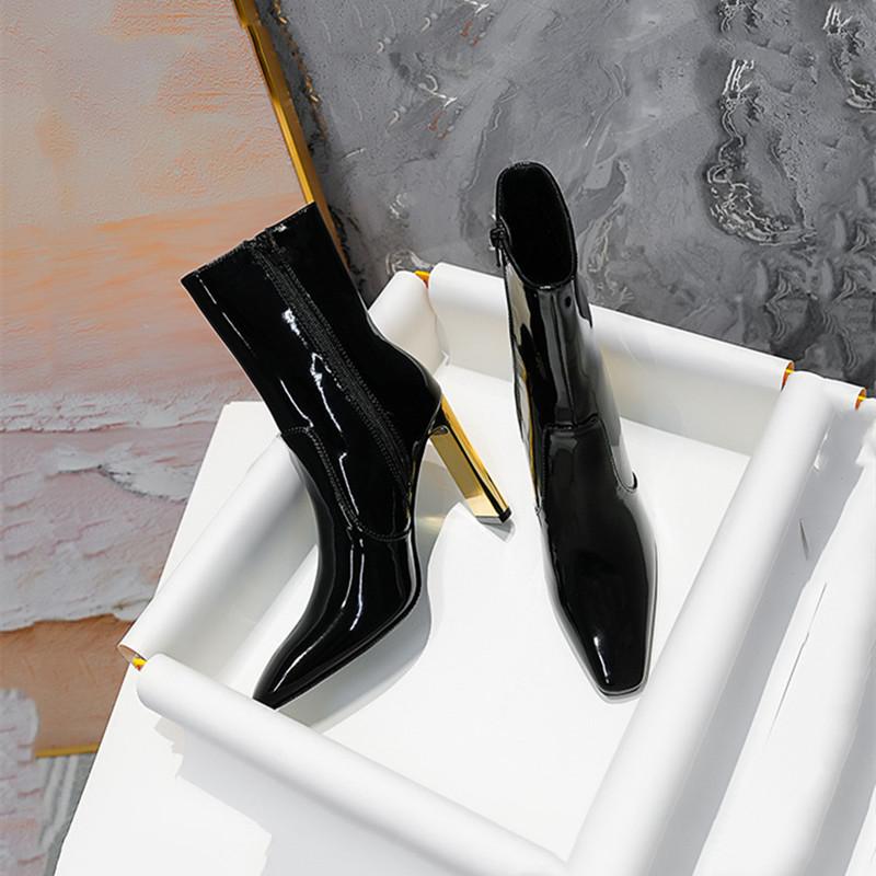 Herbst Winter Lackleder Mode Damen Stiefeletten Elegant Eckige Zehenpartie Metall Gold Hohe Absätze Chelsea Kurze Stiefel Schuhe