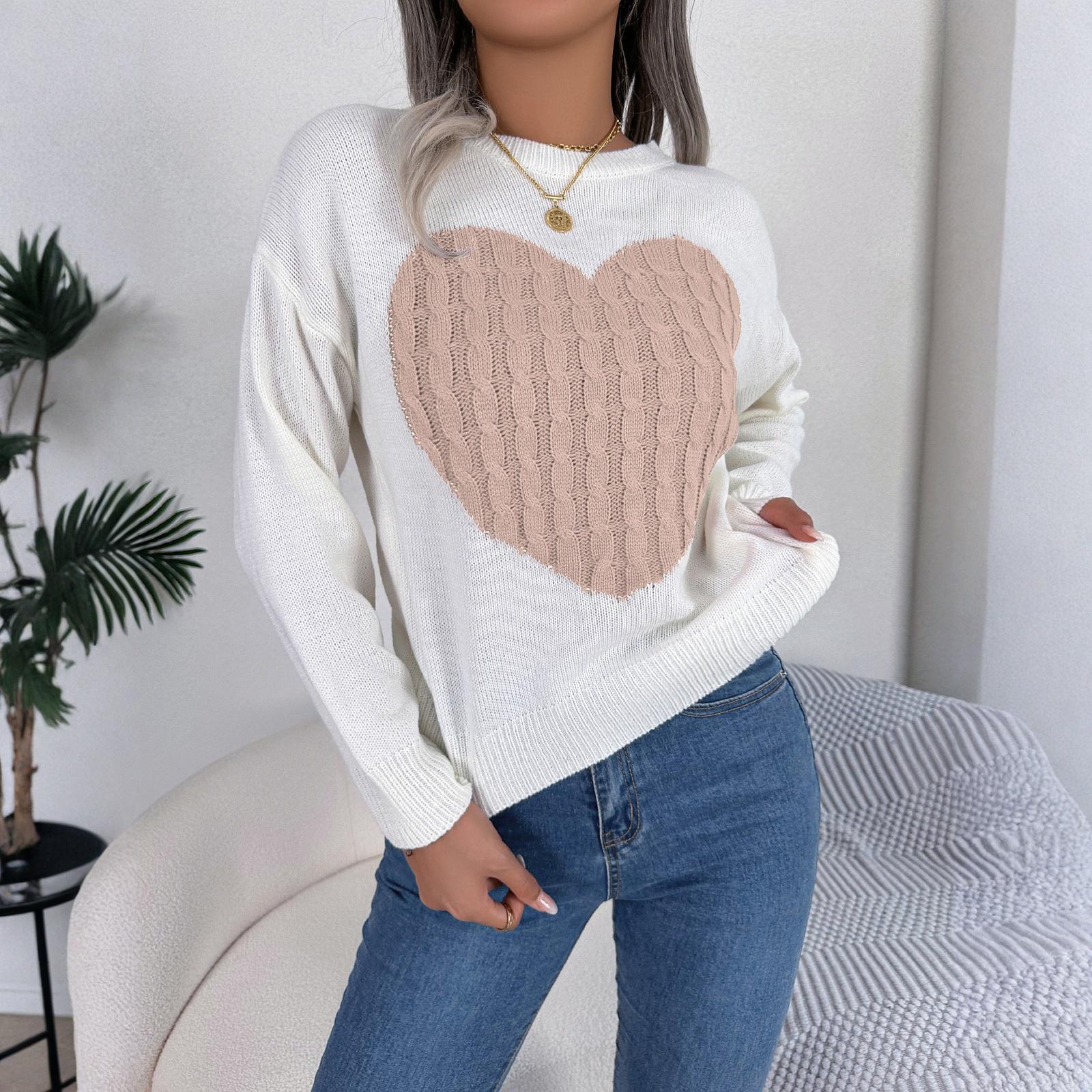 

Women s Fashionable Round Neck Long Sleeved Heart-shaped Color Blocked Pullover Sweater Casual Top L розовый