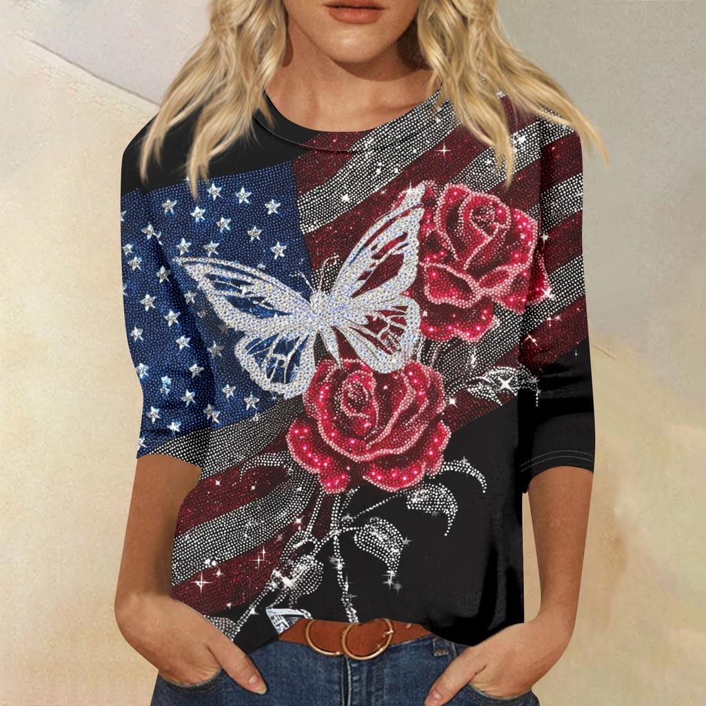 Damenmode Lässiges Oberteil mit Sieben-Viertel-Ärmeln, Unabhängigkeitstag-Print, Rundhalsausschnitt