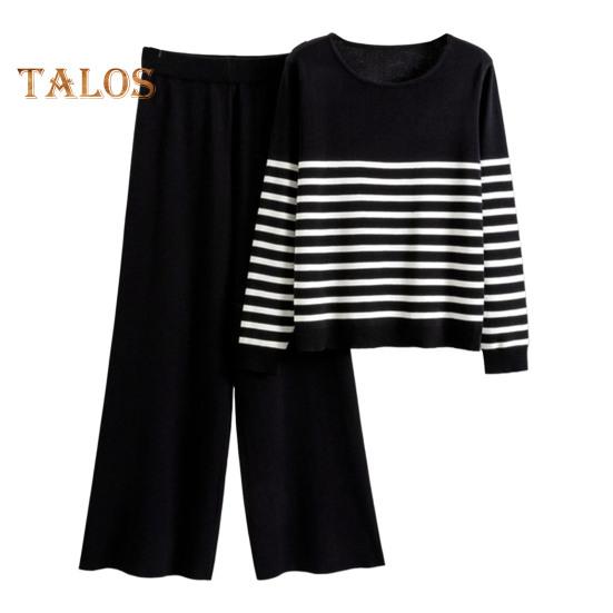 

Женский комплект из 2 предметов: топ и брюки, полосатый принт, круглый вырез, длинные рукава, толстовка с эластичной талией, широкие спортивные штаны, спортивный костюм, осенний повседневный спортивный костюм чёрный
