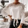 GMXIA Women's Fashion Casual Solid Color Print Long Sleeve O Neck Blouses & Shirts