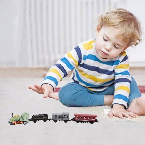 1 Set Vintage Steam Train Toy with Locomotive 3 Carriages Pull Back Realistic Mini Kids Retro Die-cast Train Model Ornament Boys Girls Birthday Gift
