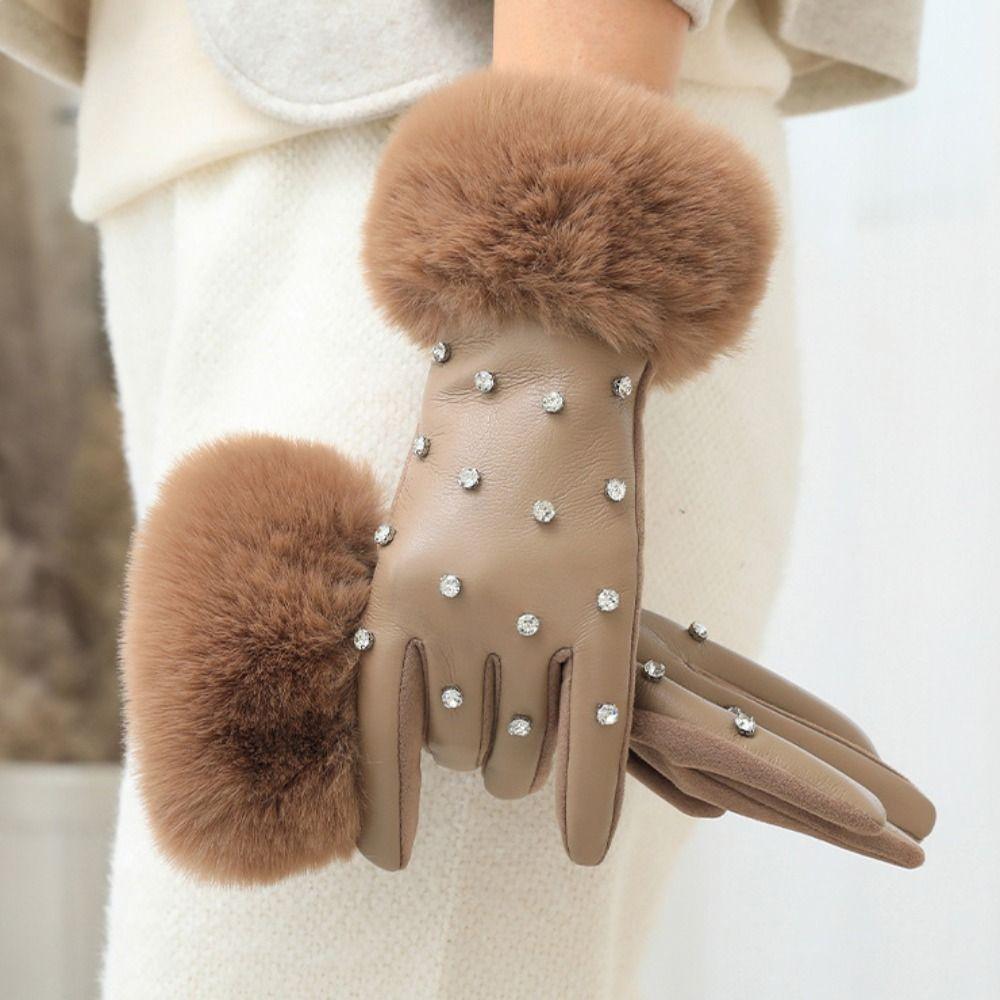 Plush Pu Leather Gloves Soft Women Warm Mittens Gift Rhinestone Winter Gloves Girls