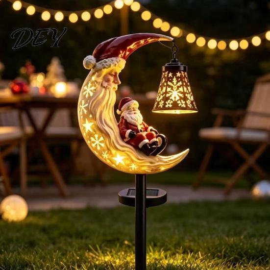 Holiday Landscape Light Santa Moon Garden Stake Light, Solar Powered Claus Lamp Festive Resin Lights with Stake, Decorative for Outdoor Yard