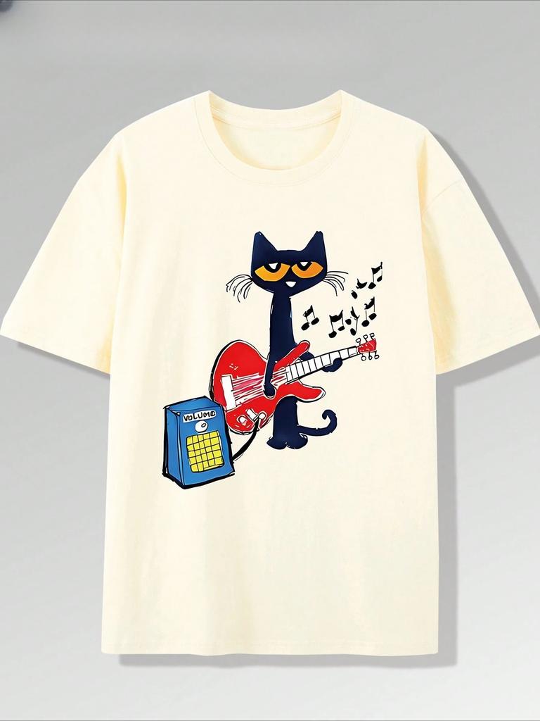 Summer New Vibrant Music Guitar Kitten Print T-Shirt Pure Cotton Short Sleeved Round Neck Top, Fashionable and Casual Boutique