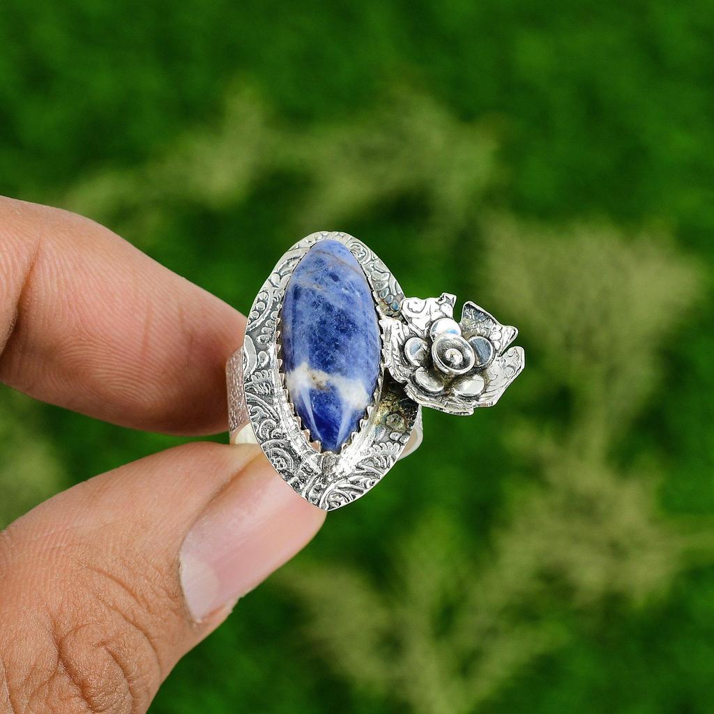 Natural Sodalite Gemstone Multi Stone Flower Ring Size 6.75 925 Sterling Silver