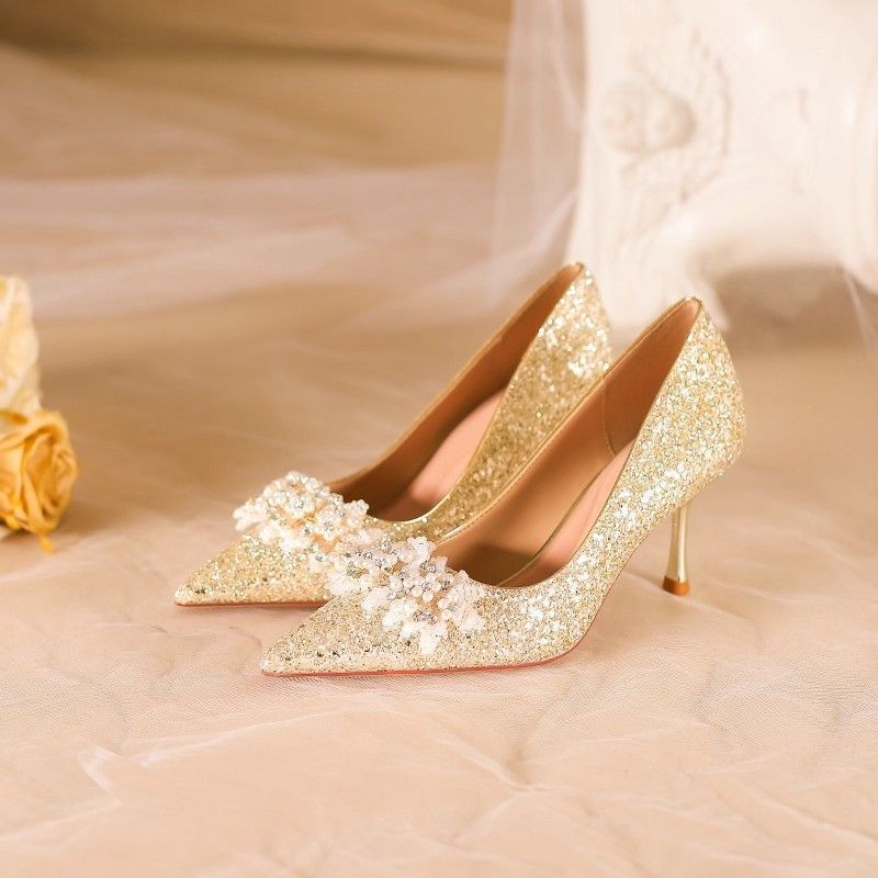 Premium Main Dress Wedding Shoes Women's Stiletto Autumn New Crystal French High Heels Dress Engagement Is Not Tired