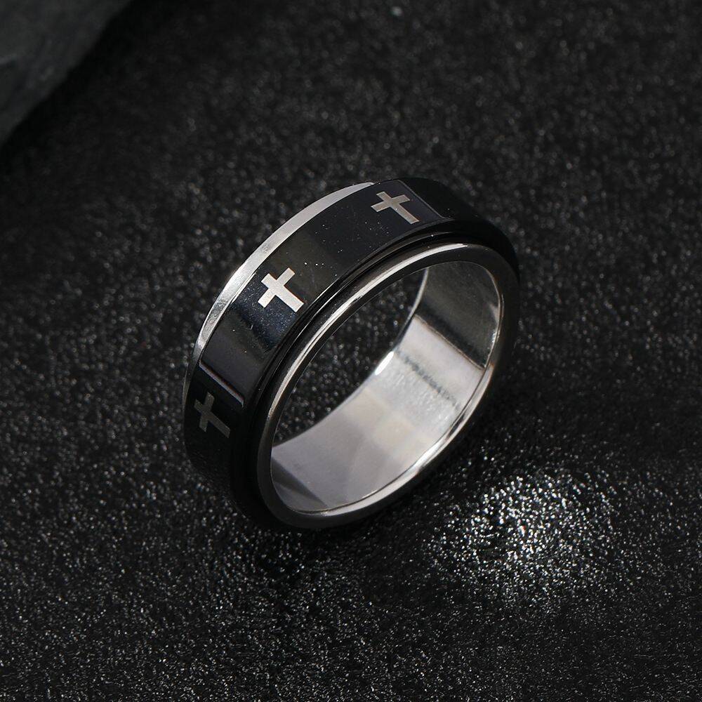 Rotatable Metal Cross Ring For Men Women White In Black Stainless Steel Ring Punk Gothic Accessories Christian Zircon Gift