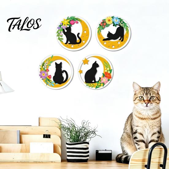 Cat Wall Art Decor 4Pcs Wooden Decor, 2D Flat Round with Flower Entryway Theme Moon Elements, Lightweight Decorative Hanging Signs for Living