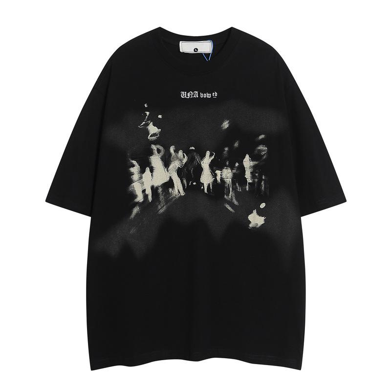 2024 Fuzzy Shadow Pattern Trend Short Sleeve American Trend New Teen Trend Crew Neck Loose T-Shirt Men s Clothing M чёрный
