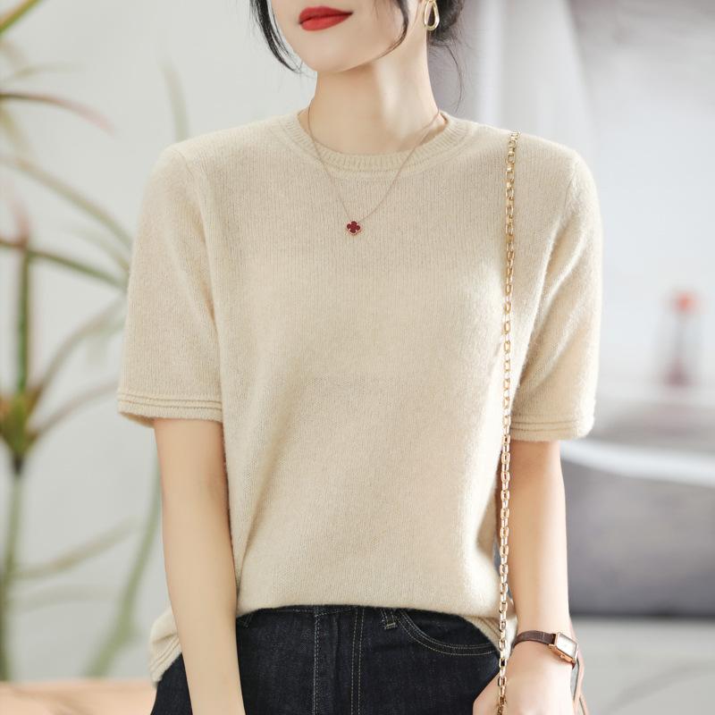 Silk Cashmere Multi-color First-line Ready-to-wear Exquisite Short-sleeved Sweater Spring and Autumn Latest Light Cloud Velvet Short T-shirt