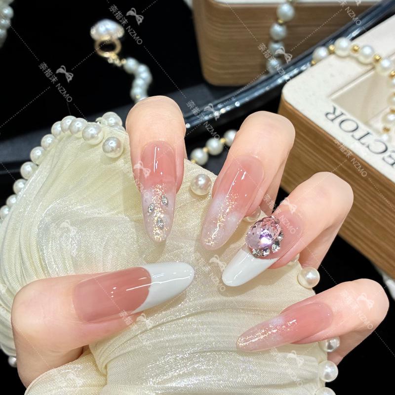 Y11 Milky White French Rhinestone Handmade Wearable Cat Eye Nails - Super Shiny Design M (Slightly larger hands)