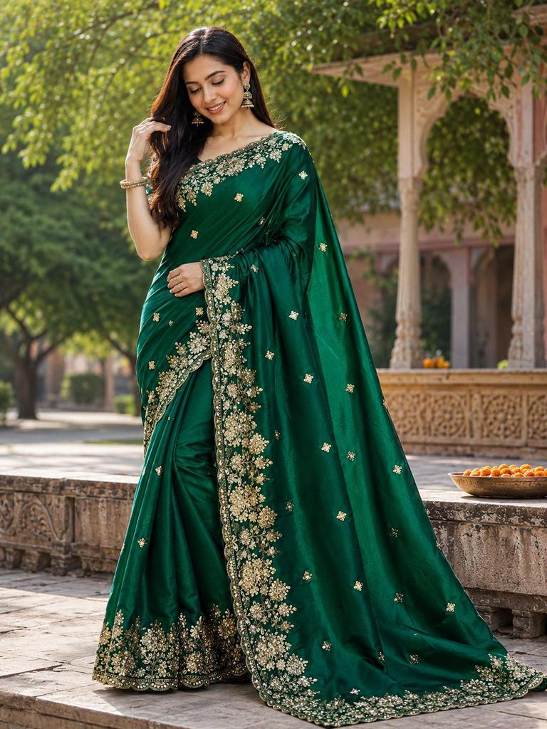 Premium Space Silk Designer Saree with Embroidered Coding Sequins Work & Rich Border | Wedding, Party & Festive Wear | Running Work Blouse